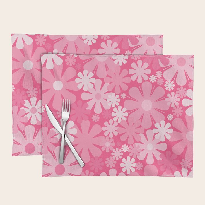 Retro 60s 70s Aesthetic Floral Pattern in Bright Candy Pink Placemat Gallery Image 1
