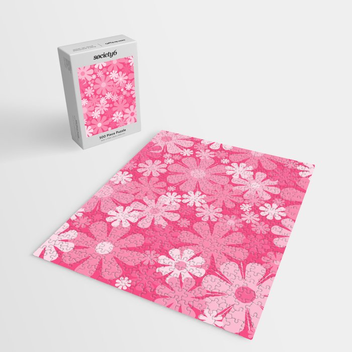 Retro 60s 70s Aesthetic Floral Pattern in Bright Candy Pink Jigsaw Puzzle Gallery Image 2