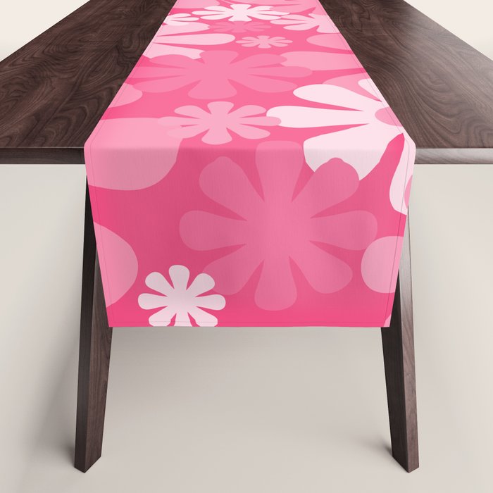 Retro 60s 70s Aesthetic Floral Pattern in Bright Candy Pink Table Runner Gallery Image 1