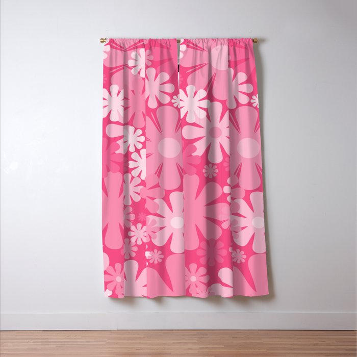 Retro 60s 70s Aesthetic Floral Pattern in Bright Candy Pink Window Curtain Gallery Image 3