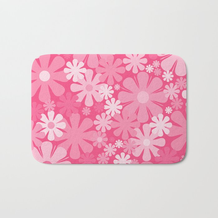 Retro 60s 70s Aesthetic Floral Pattern in Bright Candy Pink Bath Mat Gallery Image 1