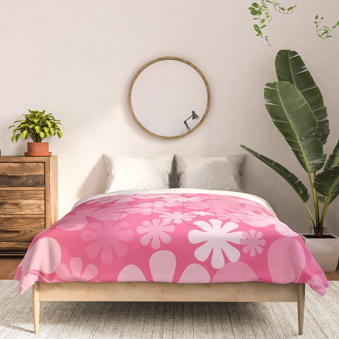 Retro 60s 70s Aesthetic Floral Pattern in Bright Candy Pink Comforter Gallery Image 3