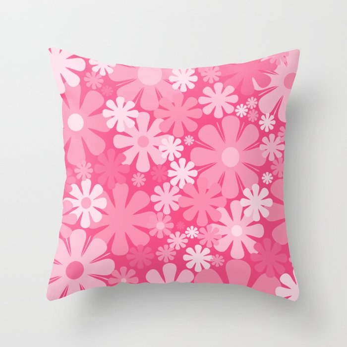 Retro 60s 70s Aesthetic Floral Pattern in Bright Candy Pink Throw Pillow Gallery Image 6