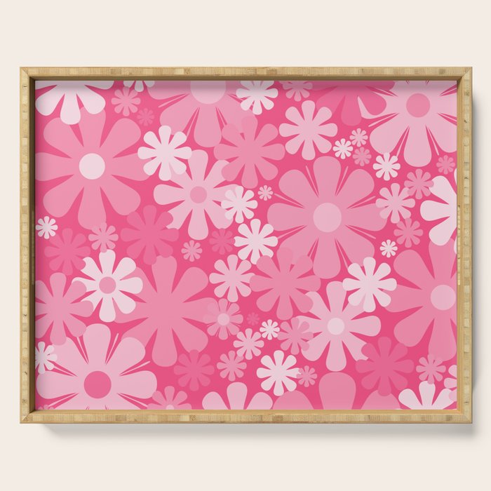Retro 60s 70s Aesthetic Floral Pattern in Bright Candy Pink Serving Tray Gallery Image 1