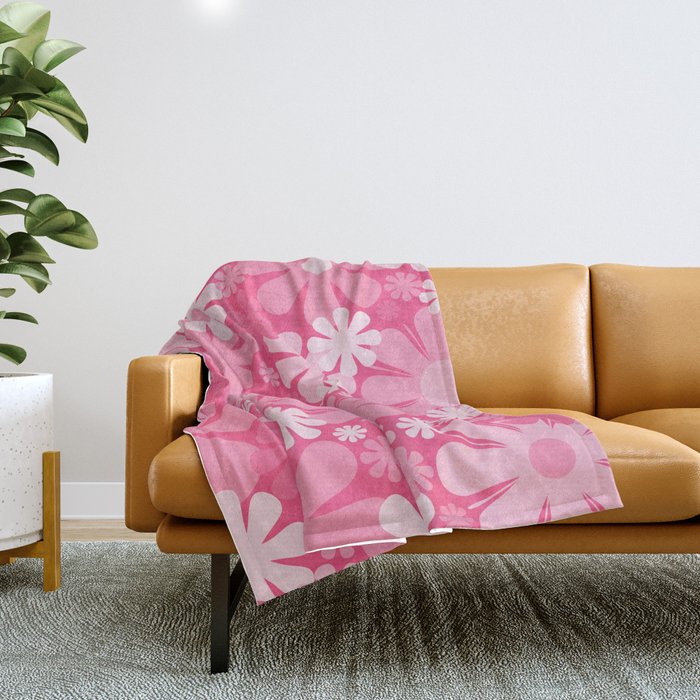 Retro 60s 70s Aesthetic Floral Pattern in Bright Candy Pink Throw Blanket Gallery Image 1