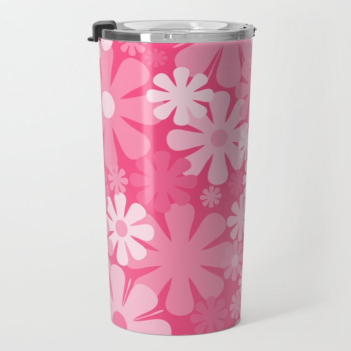 Retro 60s 70s Aesthetic Floral Pattern in Bright Candy Pink Travel Mug Gallery Image 3