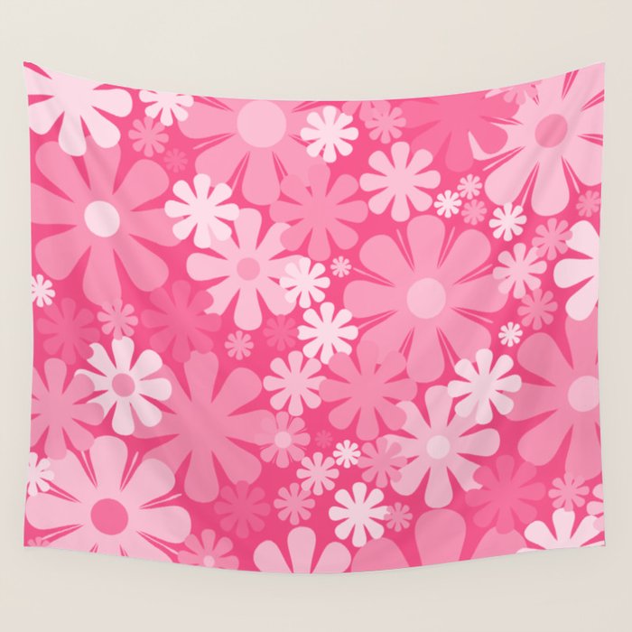 Retro 60s 70s Aesthetic Floral Pattern in Bright Candy Pink Wall Tapestry Gallery Image 4