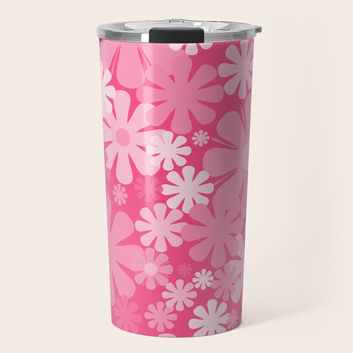 Retro 60s 70s Aesthetic Floral Pattern in Bright Candy Pink Travel Mug Gallery Image 1