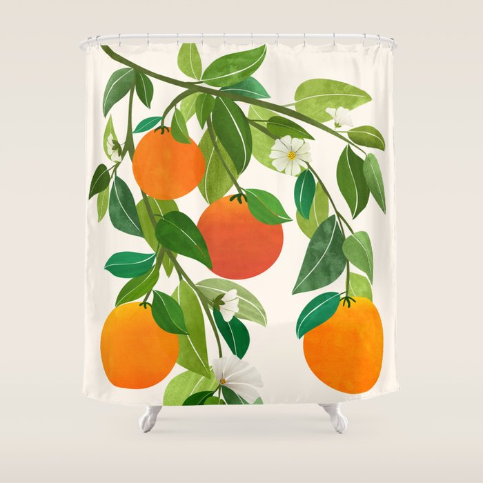 Oranges and Blossoms Tropical Fruit Painting Shower Curtain Gallery Image 1