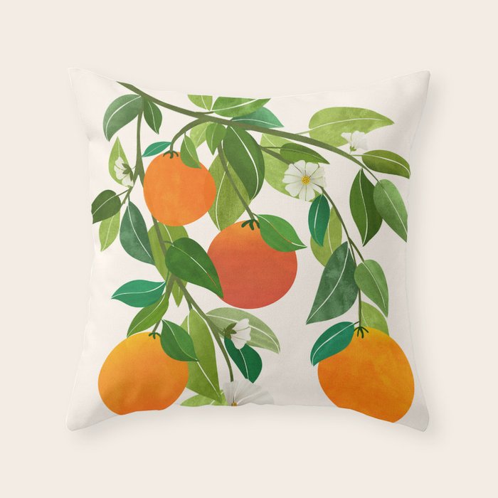 Oranges and Blossoms Tropical Fruit Painting Throw Pillow Gallery Image 1