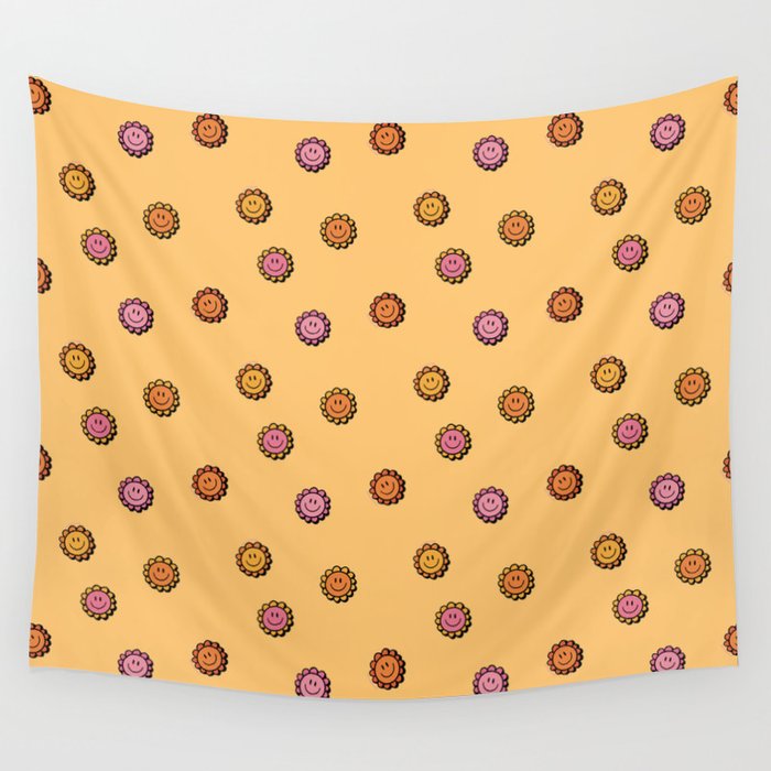 Happy Flowers Print in Yellow Wall Tapestry Gallery Image 1
