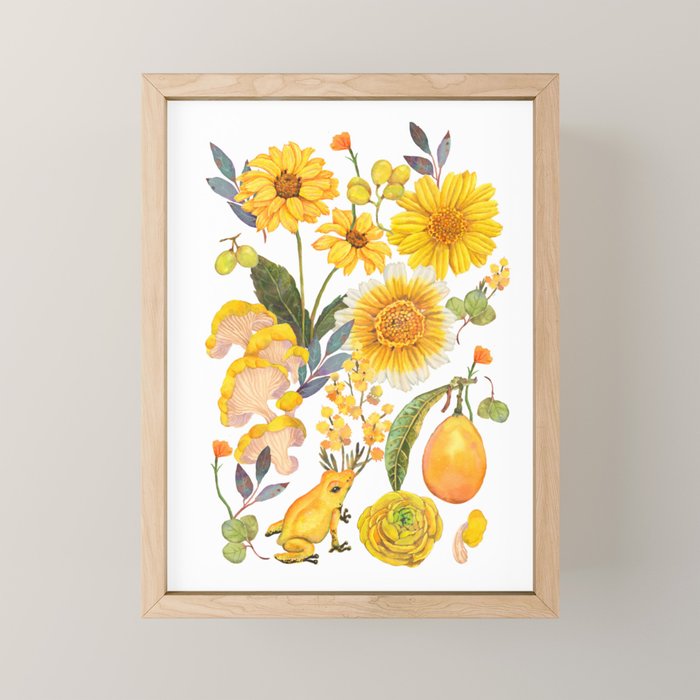 Yellow mushroom and florals - light Mini Art Print Gallery Image 1