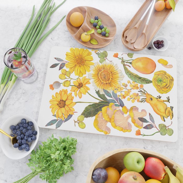 Yellow mushroom and florals - light Cutting Board Gallery Image 2