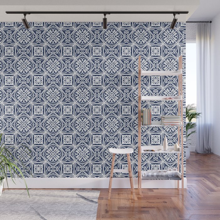 Blue tile brushstroke pattern Wall Mural Gallery Image 1