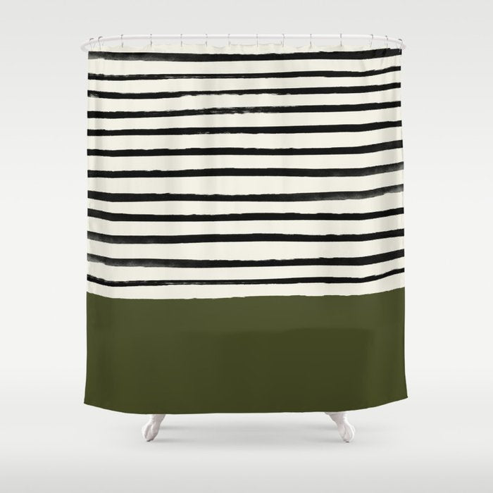 Olive Green x Stripes Shower Curtain Gallery Image 1