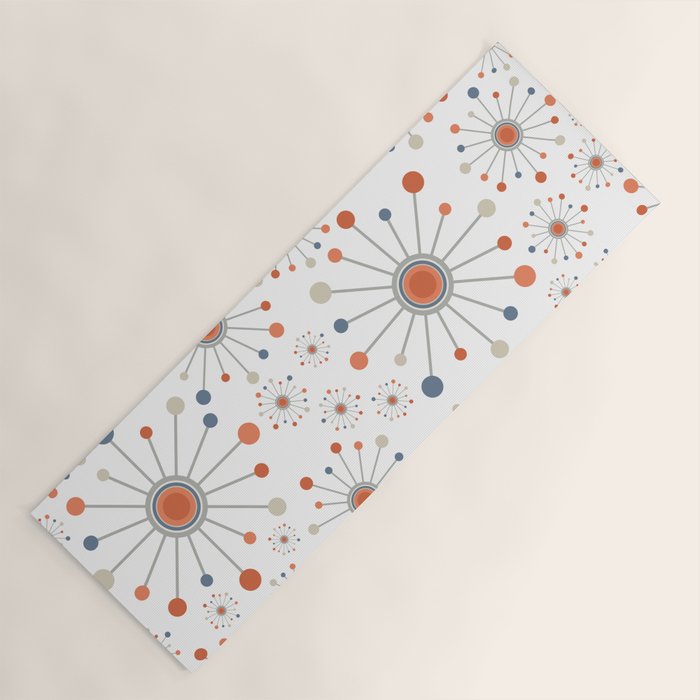 Retro Starburst Mid Century Modern Atomic Stars in Blue Orange Gray Beige Yoga Mat Gallery Image 1