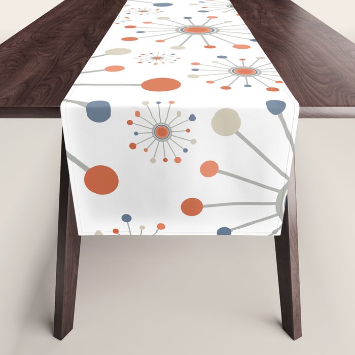 Retro Starburst Mid Century Modern Atomic Stars in Blue Orange Gray Beige Table Runner