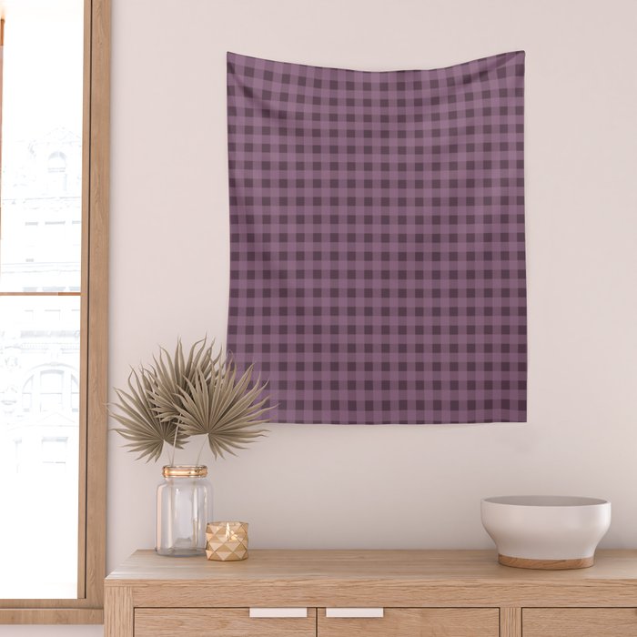 Gingham Check Pattern in Plum Mauve Wall Tapestry Gallery Image 2