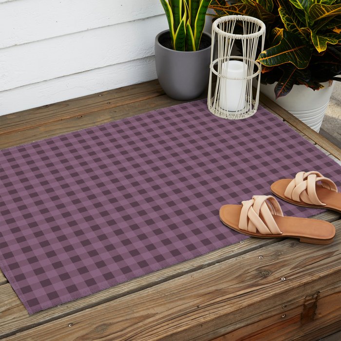 Gingham Check Pattern in Plum Mauve Outdoor Rug Gallery Image 2