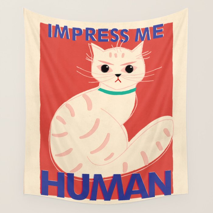 Impress Me Human Vintage Cat, Retro Illustration Wall Tapestry Gallery Image 4