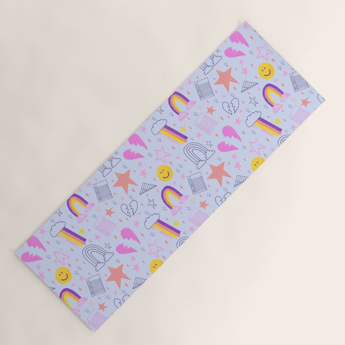 Happy Smiley Face & Retro Rainbows in Periwinkle & Pink Yoga Mat Gallery Image 1