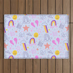 Happy Smiley Face & Retro Rainbows in Periwinkle & Pink Outdoor Rug Gallery Image 1
