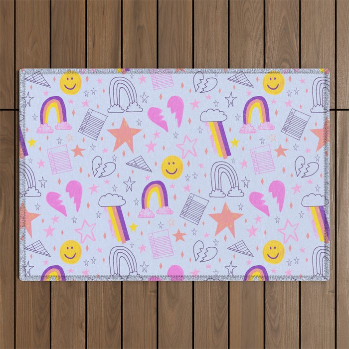 Happy Smiley Face & Retro Rainbows in Periwinkle & Pink Outdoor Rug Gallery Image 1