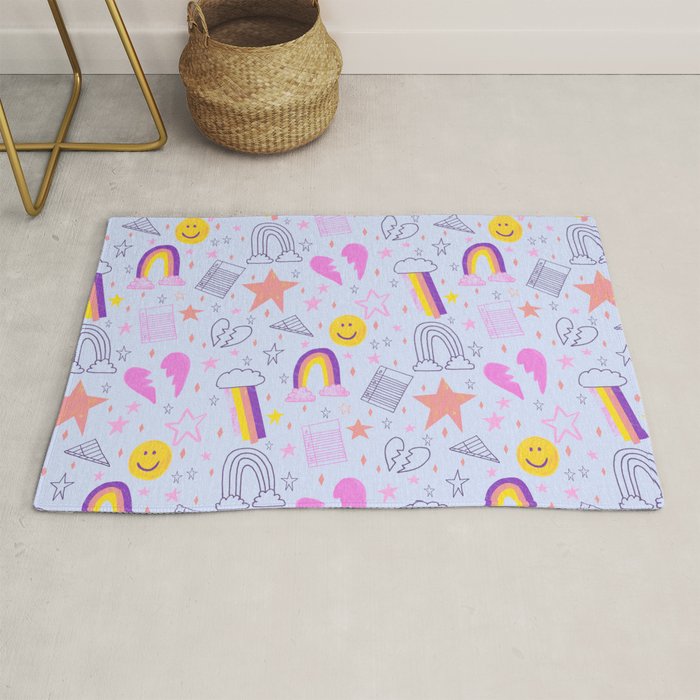 Happy Smiley Face & Retro Rainbows in Periwinkle & Pink Rug Gallery Image 1