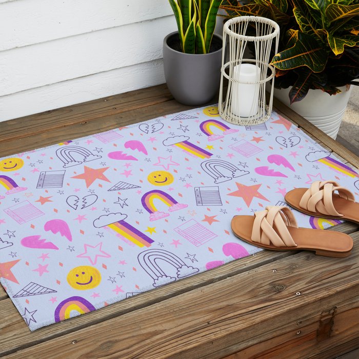 Happy Smiley Face & Retro Rainbows in Periwinkle & Pink Outdoor Rug Gallery Image 2