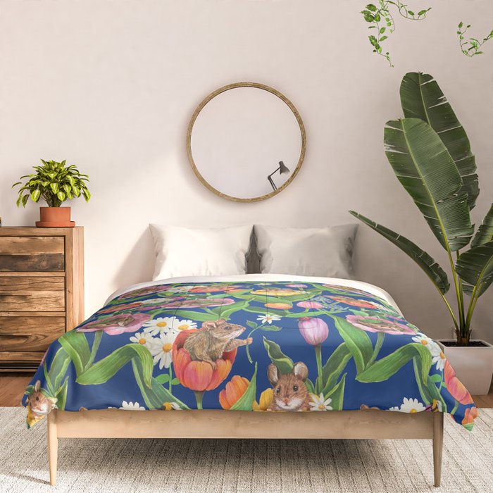 Spring Tulips with Cute Mouse - blue Comforter Gallery Image 3