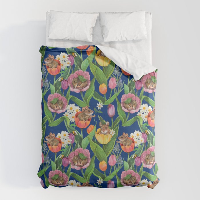 Spring Tulips with Cute Mouse - blue Duvet Cover Gallery Image 1