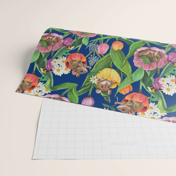 Spring Tulips with Cute Mouse - blue Wrapping Paper Gallery Image 2