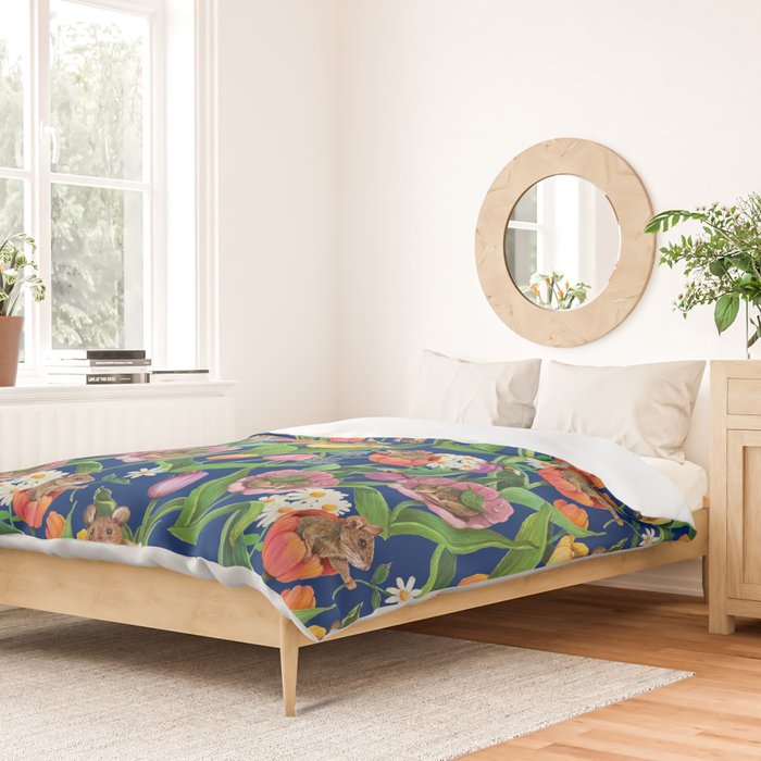 Spring Tulips with Cute Mouse - blue Duvet Cover Gallery Image 2