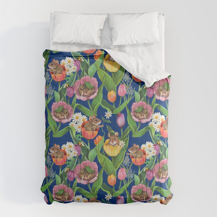 Spring Tulips with Cute Mouse - blue Comforter Gallery Image 1