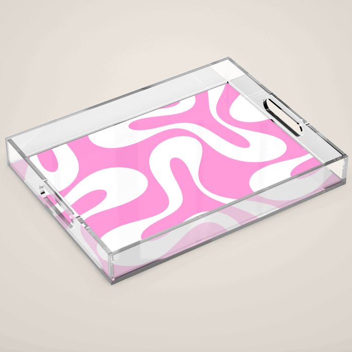 Retro Modern Soft Curves Abstract Pattern in Preppy Pink and White Acrylic Tray Gallery Image 1