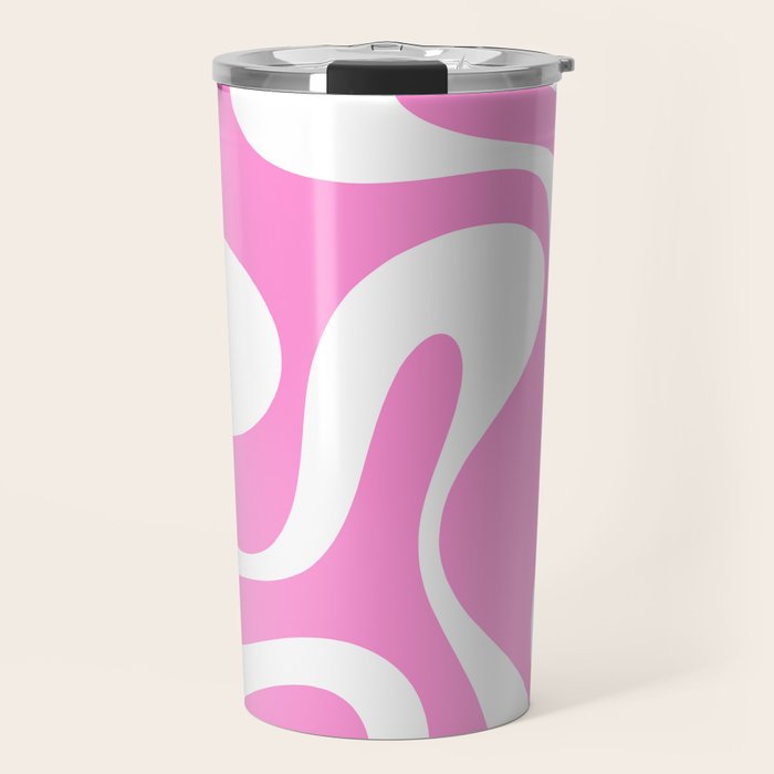 Retro Modern Soft Curves Abstract Pattern in Preppy Pink and White Travel Mug Gallery Image 1
