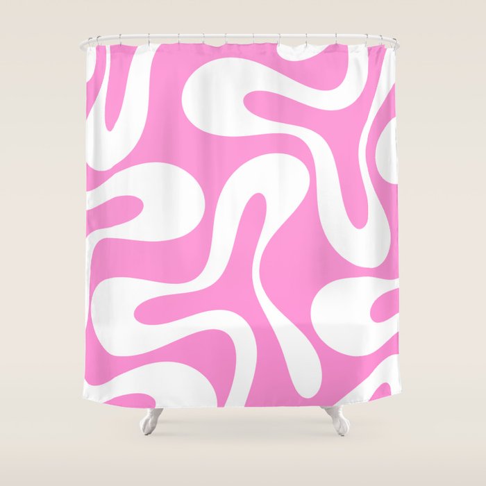 Retro Modern Soft Curves Abstract Pattern in Preppy Pink and White Shower Curtain Gallery Image 1