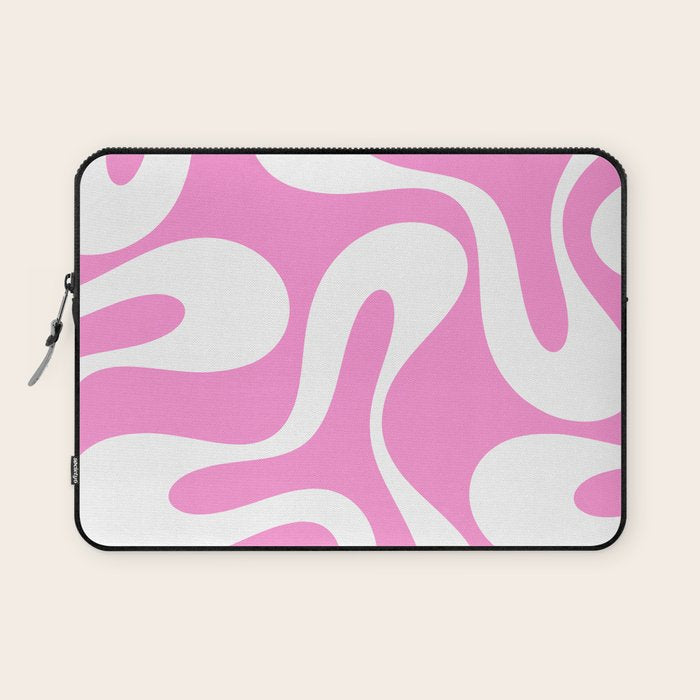 Retro Modern Soft Curves Abstract Pattern in Preppy Pink and White Laptop Sleeve Gallery Image 1