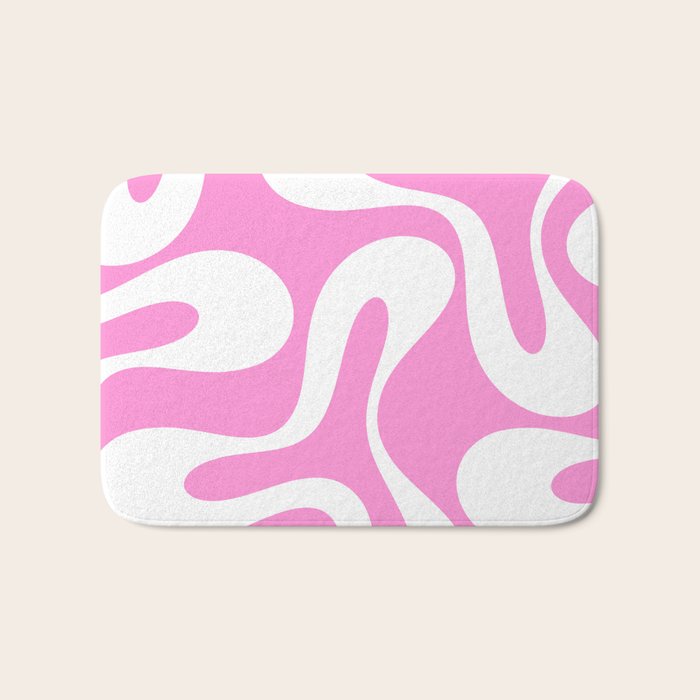 Retro Modern Soft Curves Abstract Pattern in Preppy Pink and White Bath Mat Gallery Image 1
