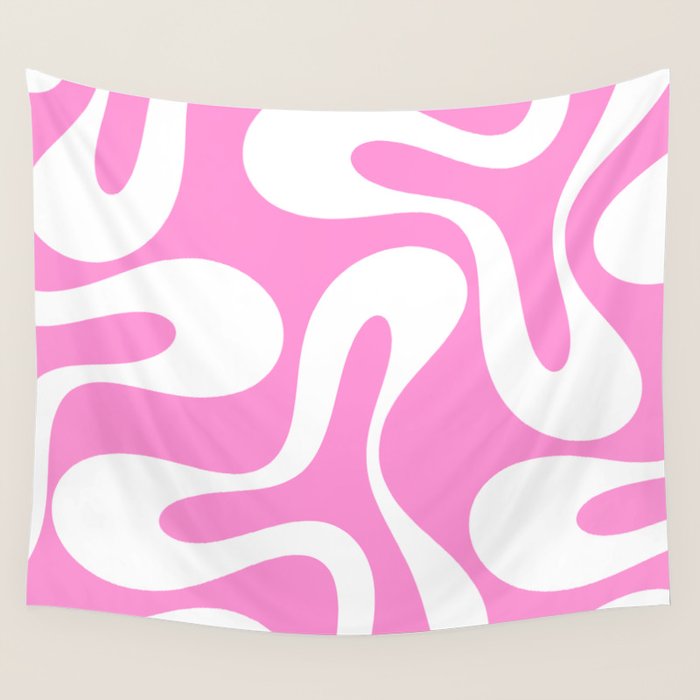 Retro Modern Soft Curves Abstract Pattern in Preppy Pink and White Wall Tapestry Gallery Image 4