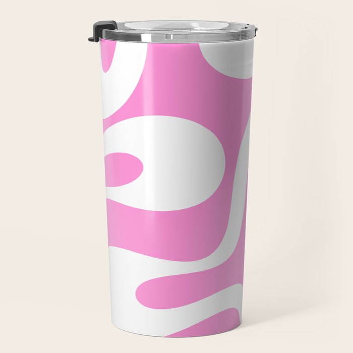 Retro Modern Soft Curves Abstract Pattern in Preppy Pink and White Travel Mug Gallery Image 3