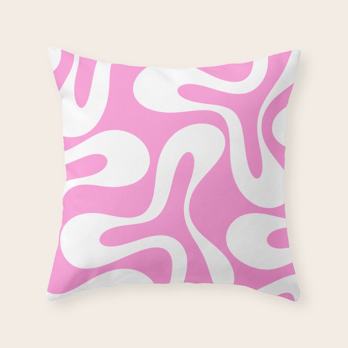 Retro Modern Soft Curves Abstract Pattern in Preppy Pink and White Throw Pillow Gallery Image 1