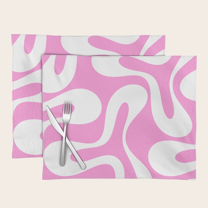 Retro Modern Soft Curves Abstract Pattern in Preppy Pink and White Placemat Gallery Image 1