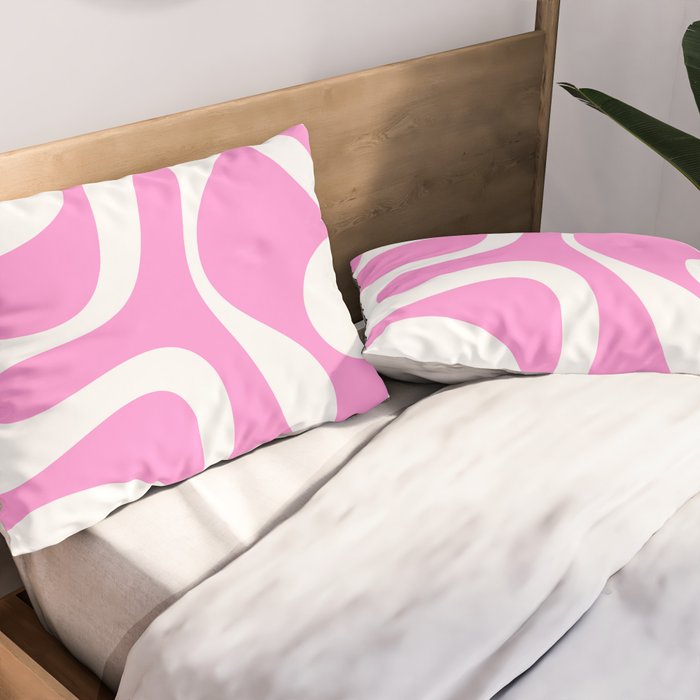Retro Modern Soft Curves Abstract Pattern in Preppy Pink and White Pillow Sham Gallery Image 2