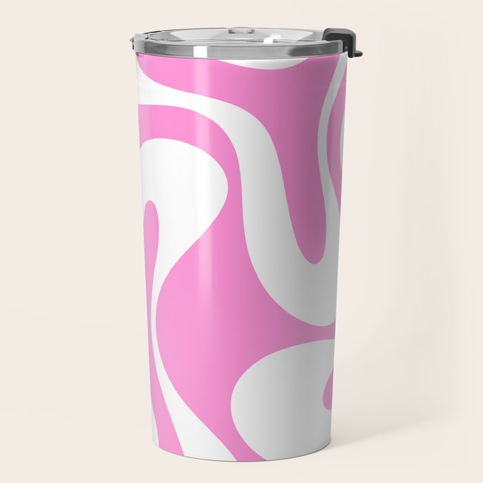 Retro Modern Soft Curves Abstract Pattern in Preppy Pink and White Travel Mug Gallery Image 2