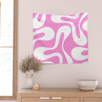Retro Modern Soft Curves Abstract Pattern in Preppy Pink and White Wall Tapestry Gallery Image 2