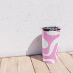 Retro Modern Soft Curves Abstract Pattern in Preppy Pink and White Travel Mug Gallery Image 4