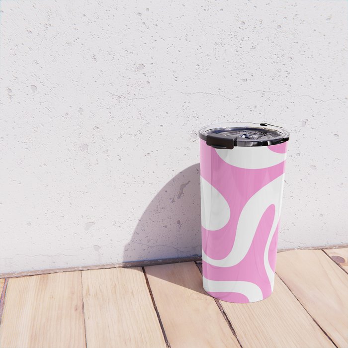 Retro Modern Soft Curves Abstract Pattern in Preppy Pink and White Travel Mug Gallery Image 4