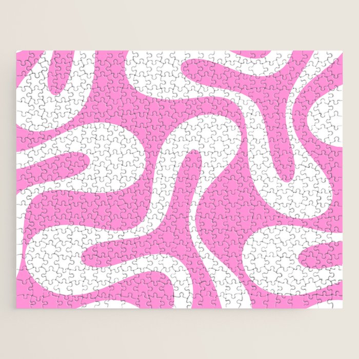 Retro Modern Soft Curves Abstract Pattern in Preppy Pink and White Jigsaw Puzzle Gallery Image 1