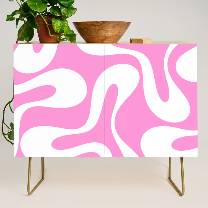Retro Modern Soft Curves Abstract Pattern in Preppy Pink and White Credenza Gallery Image 1